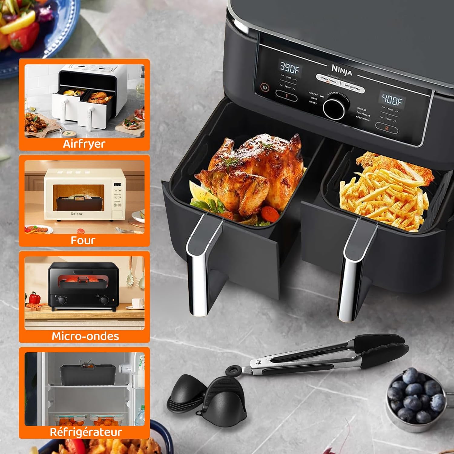 Accessoires Air Fryer - ensemble double zone, 7,6L-9,5L, sans BPA, lave-vaisselle, AF300EU/AF400EUCP/DZ400EU