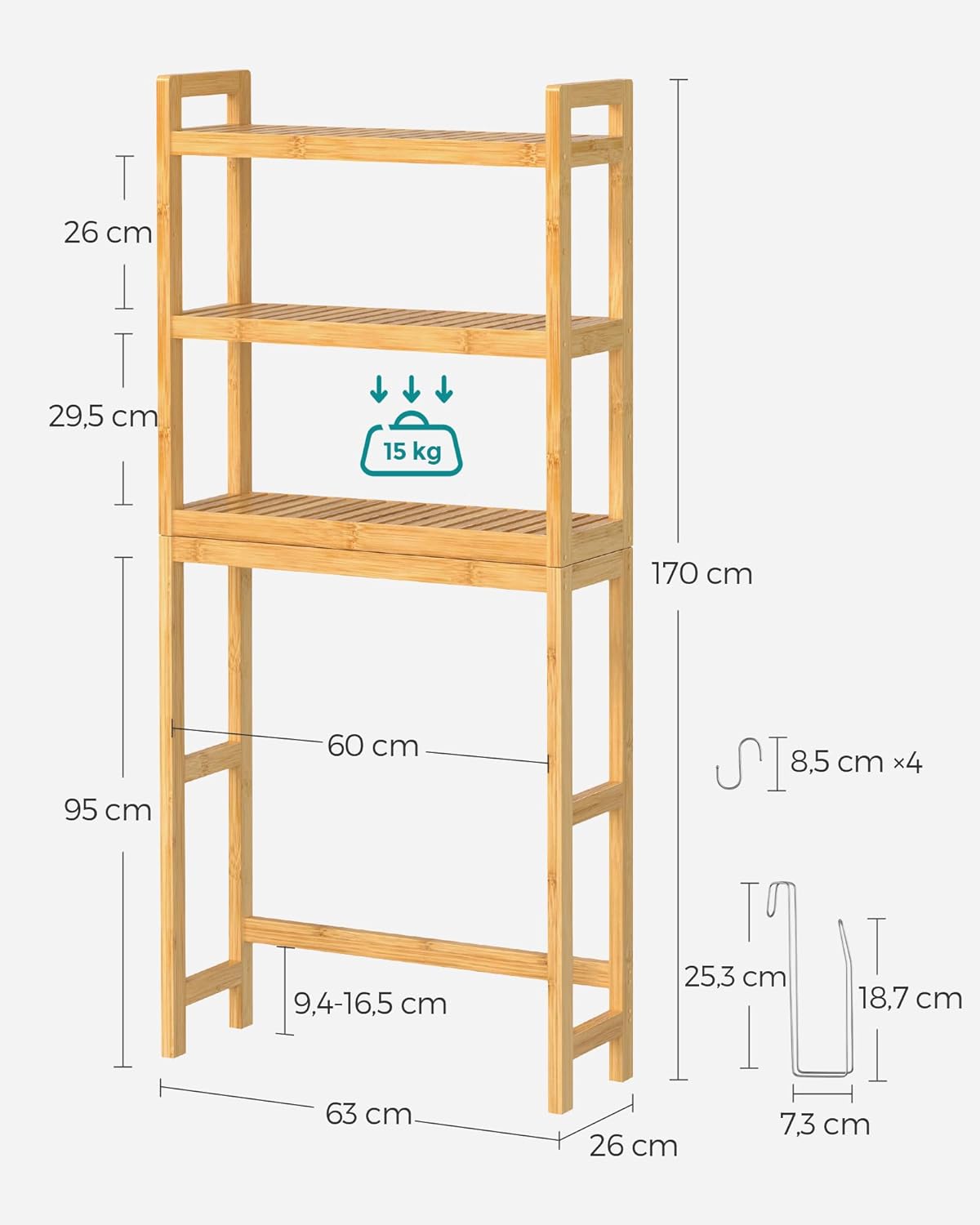 SONGMICS - étagère WC 3 niveaux - rangement ajustable compact - BTS001N01