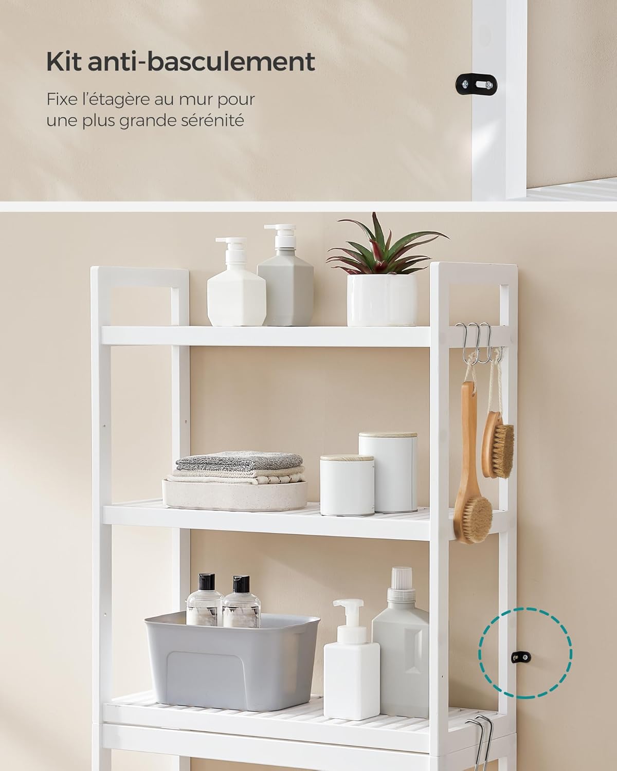 SONGMICS - étagère WC (BTS01WT) - 3 niveaux, réglable, gain de place