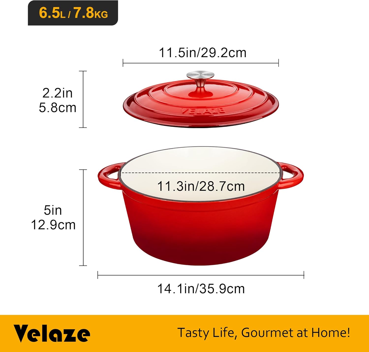 Velaze - Cocotte émaillée ronde 6.5L Ø29cm, induction, rouge