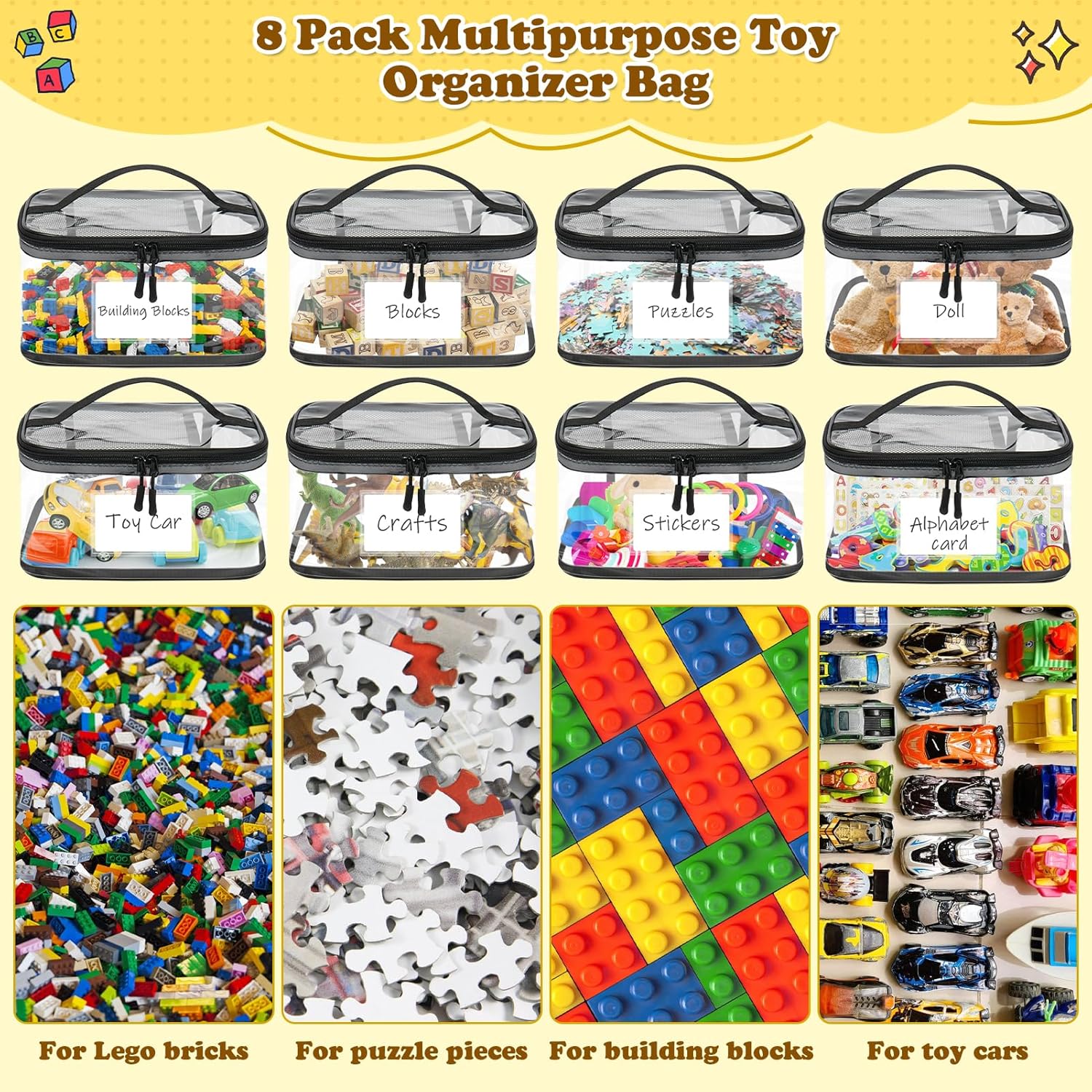 Pochette de rangement jouet enfant - PVC, fermeture éclair, lot de 8, idéal puzzles et bain