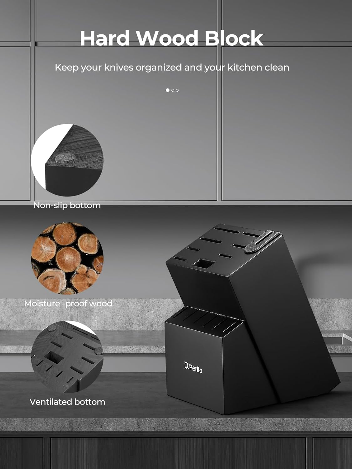 D.Perlla - Set de 15 couteaux pro, inox, bloc auto-affûtant