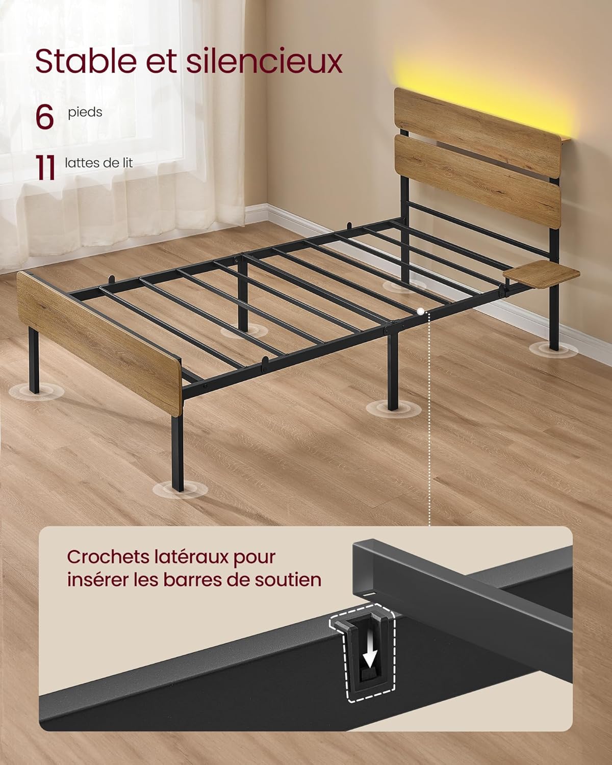 VASAGLE - lit 1 personne - 90x190 cm - LED, USB/Type-C, rangement, style industriel, RMB101K01