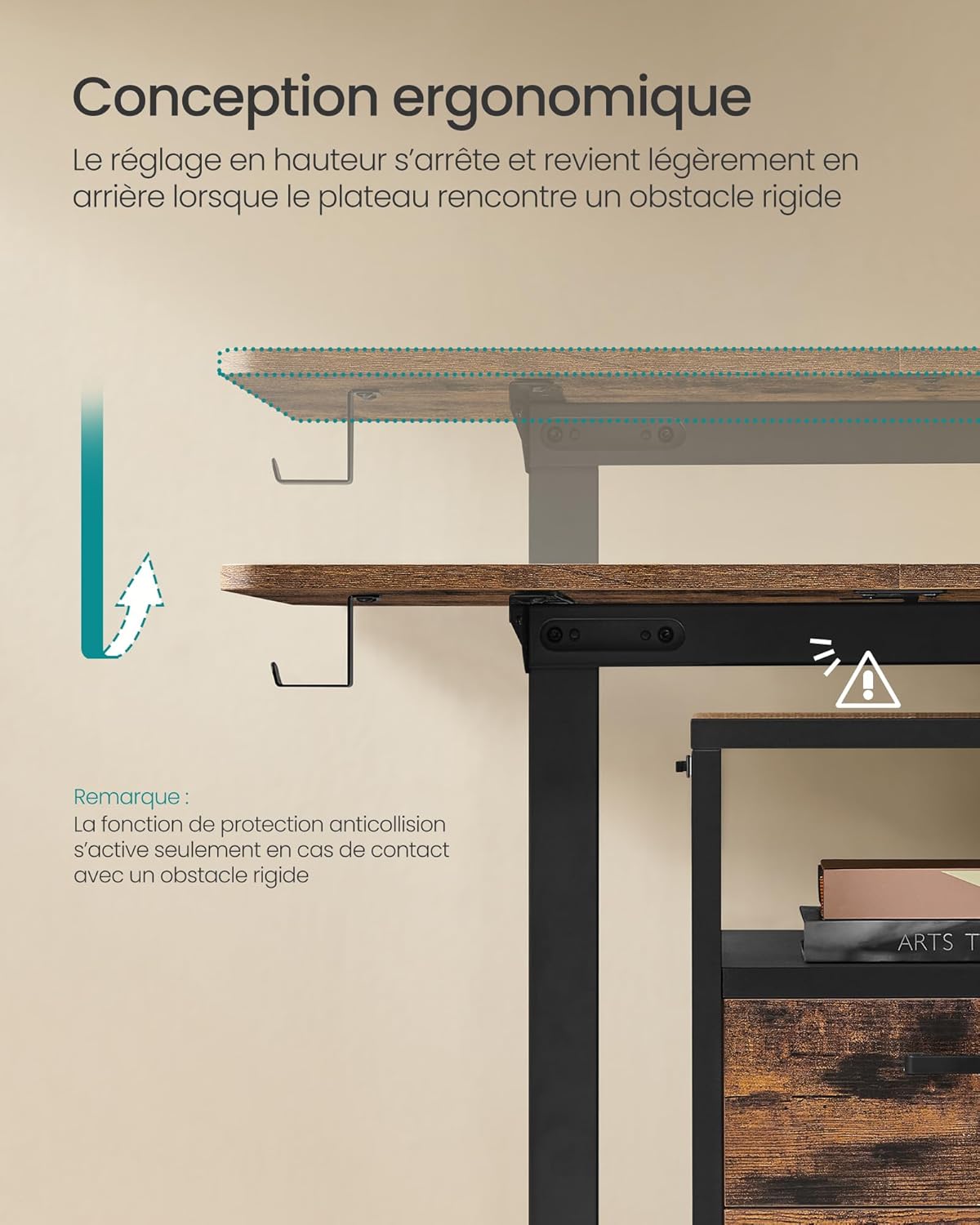 SONGMICS - Bureau réglable série LSD - 160x70 cm, mémoire 4 hauteurs, marron/noir - LSD136K01