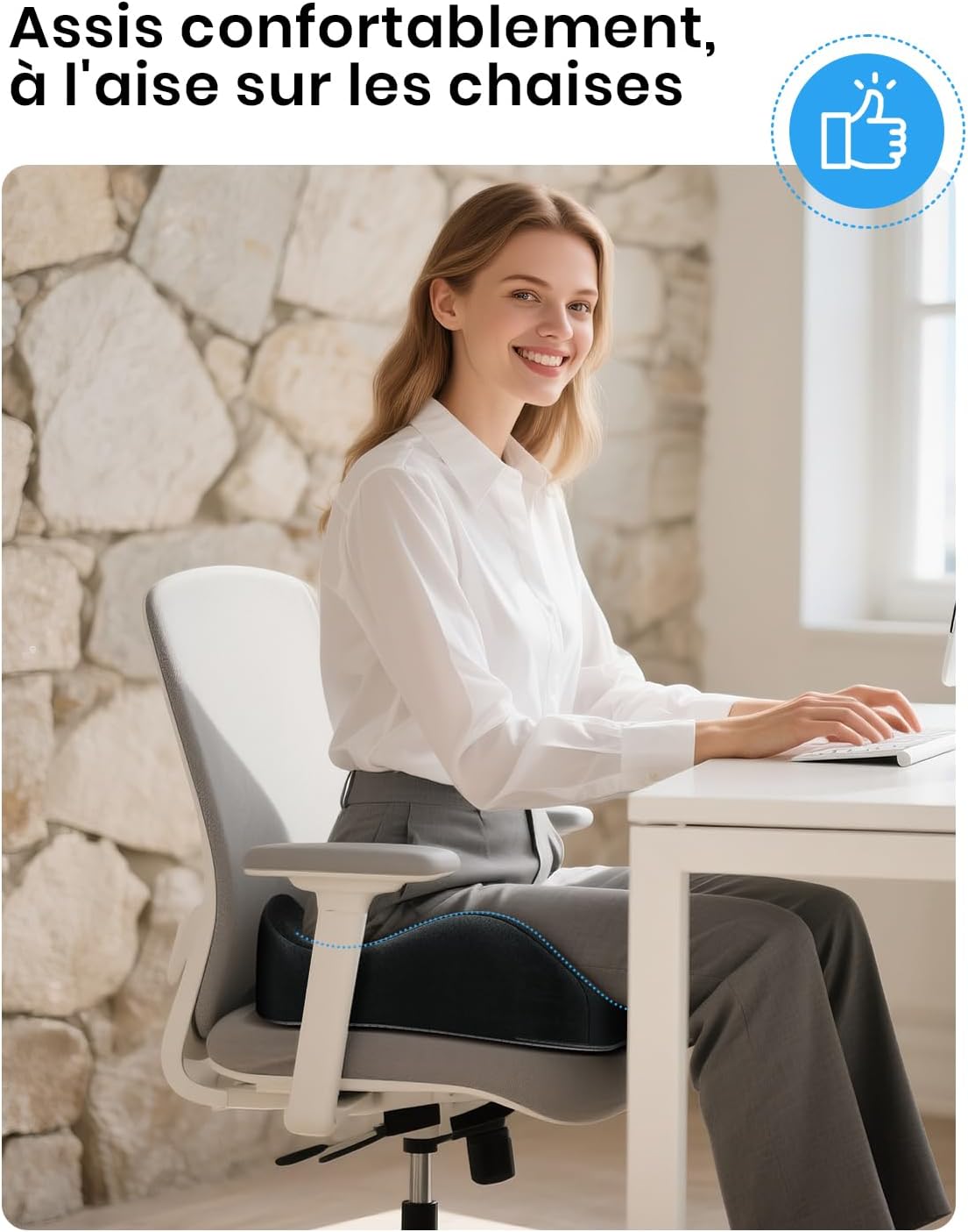 Benazcap - Coussin Coccyx ergonomique - mousse mémoire, soulage hanches et sciatique, pour bureau, fauteuil, voiture