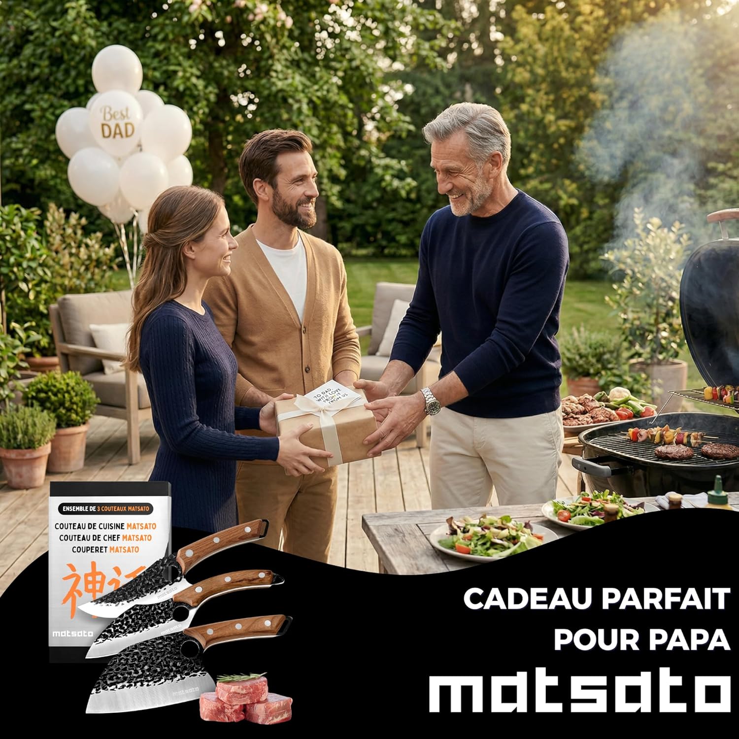 Matsato - Set professionnel 3 pièces - lames acier, poignée bois