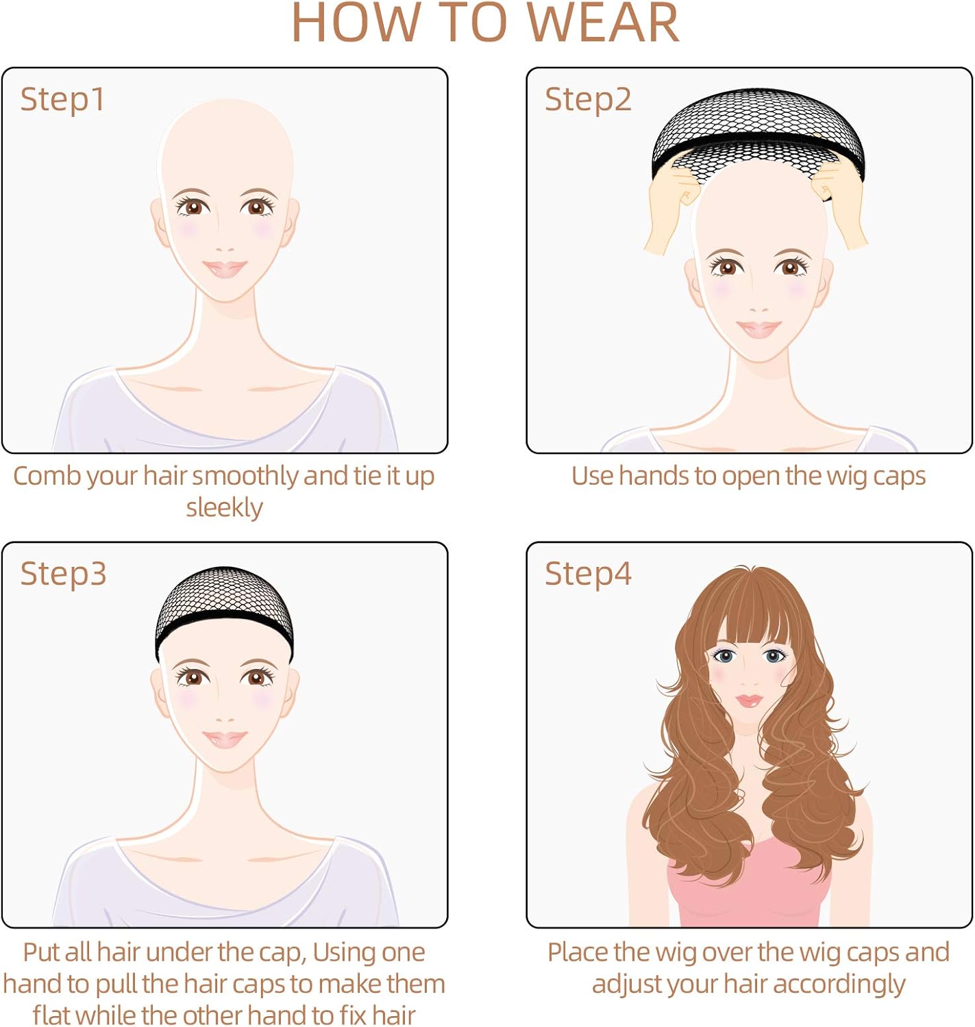 URAQT - Bonnet perruque filet unisexe - 4 pièces - nude et noir