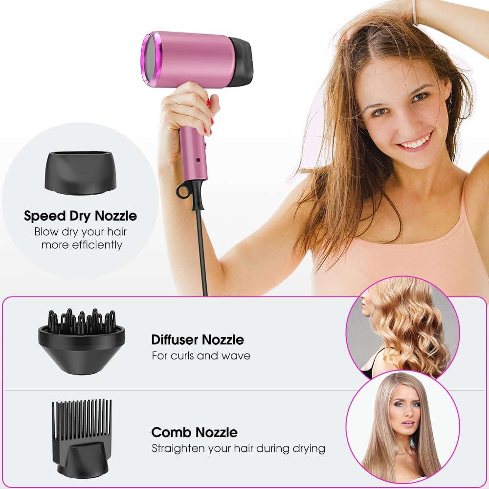 Sèche-cheveux ionique pliable - 2400W, léger, 3 vitesses et accessoires