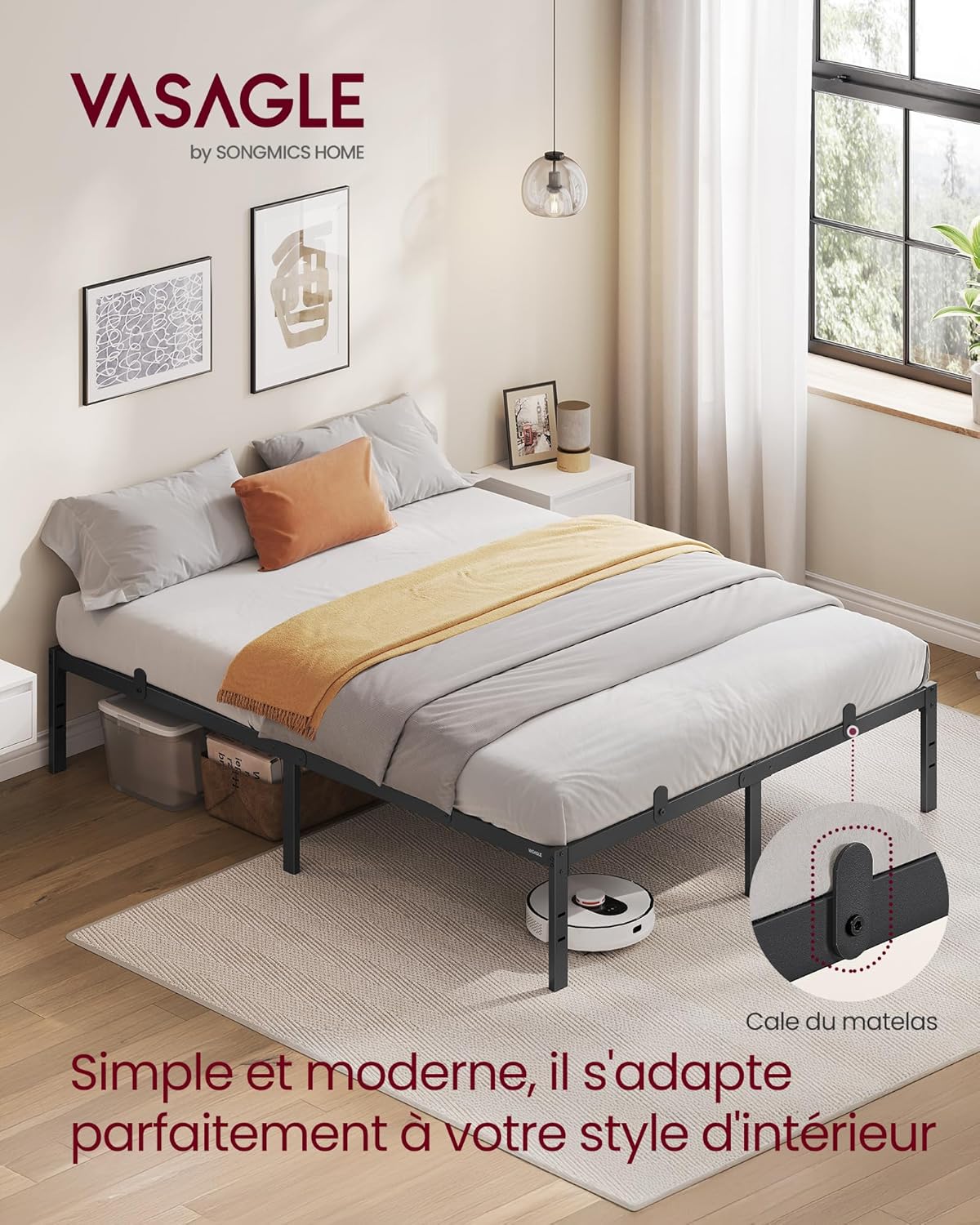 VASAGLE - cadre de lit 140x190 cm - métal, rangement, montage facile - RMB133B01