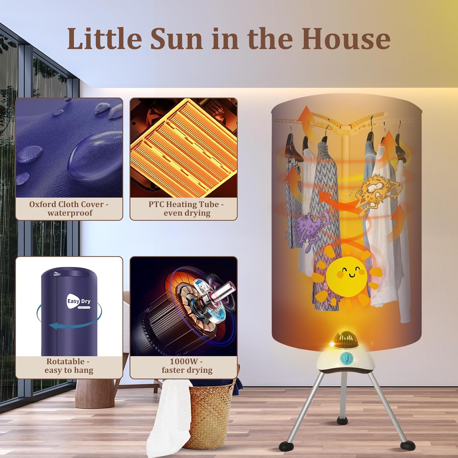 Sèche-linge électrique rond, 1000W, minuterie, séchage portable