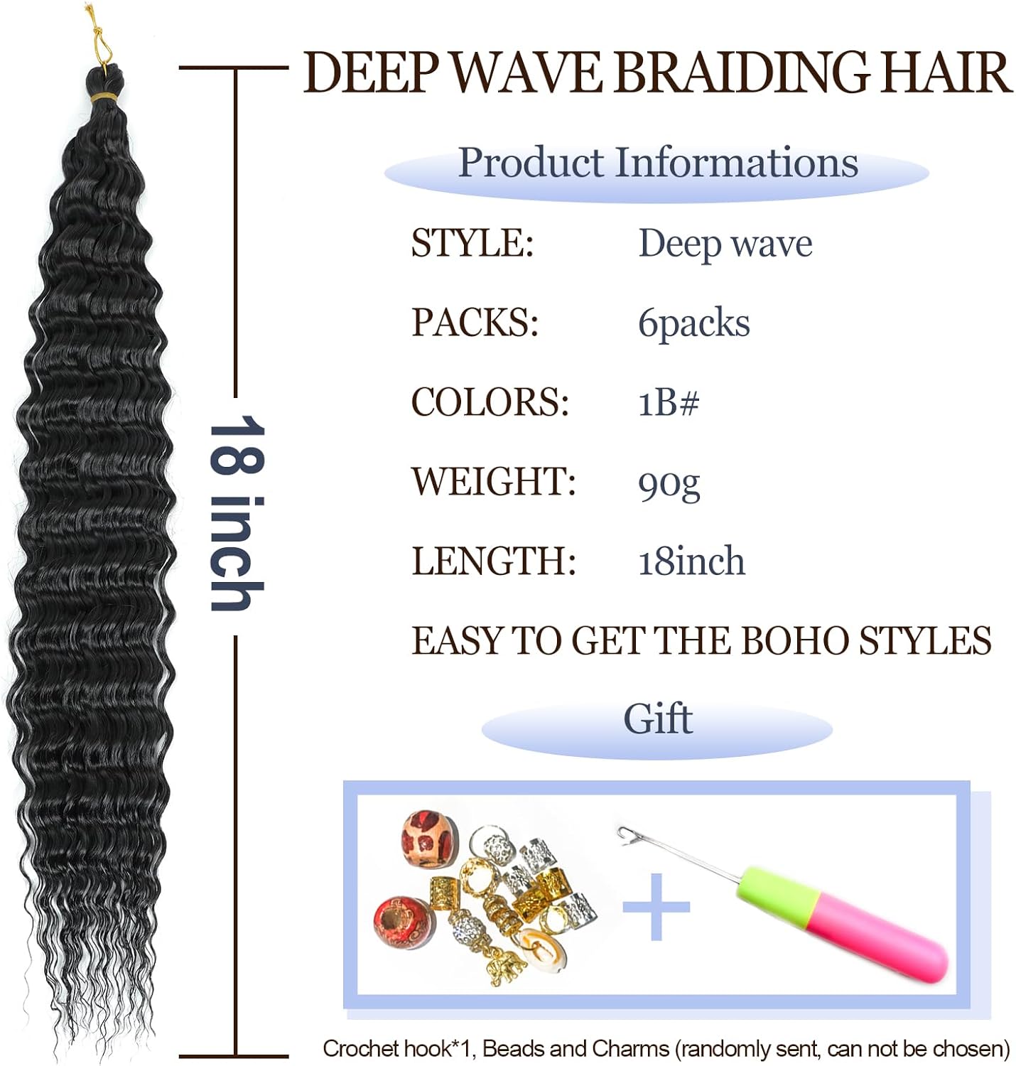 Extension cheveux - Océan Wave Deep Wave, 18 pouces, lot de 6, boucles synthétiques souples