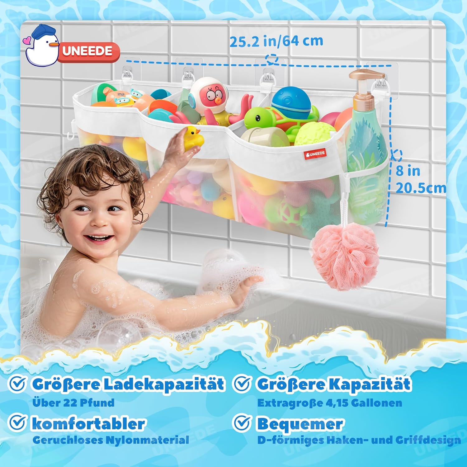 Rangement pour jouets de bain, 3 compartiments, maille, sac baignoire