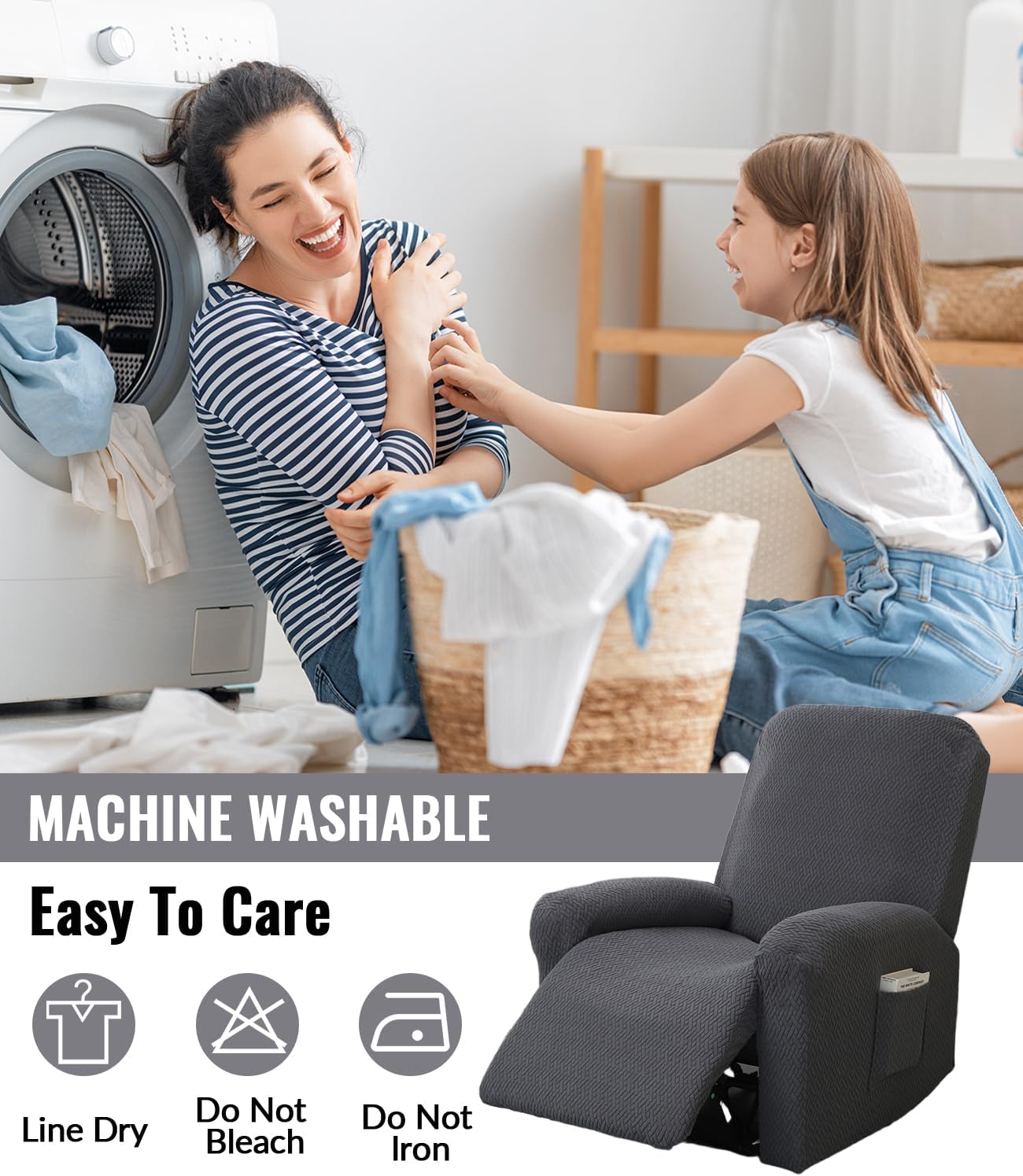 Housse de Fauteuil Relax - jacquard gris clair - extensible 4 pièces avec poches