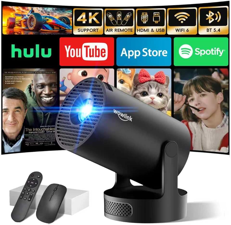 Mini Vidéoprojecteur WiFi 6 Bluetooth 5.4 4K 1080P auto keystone, noir