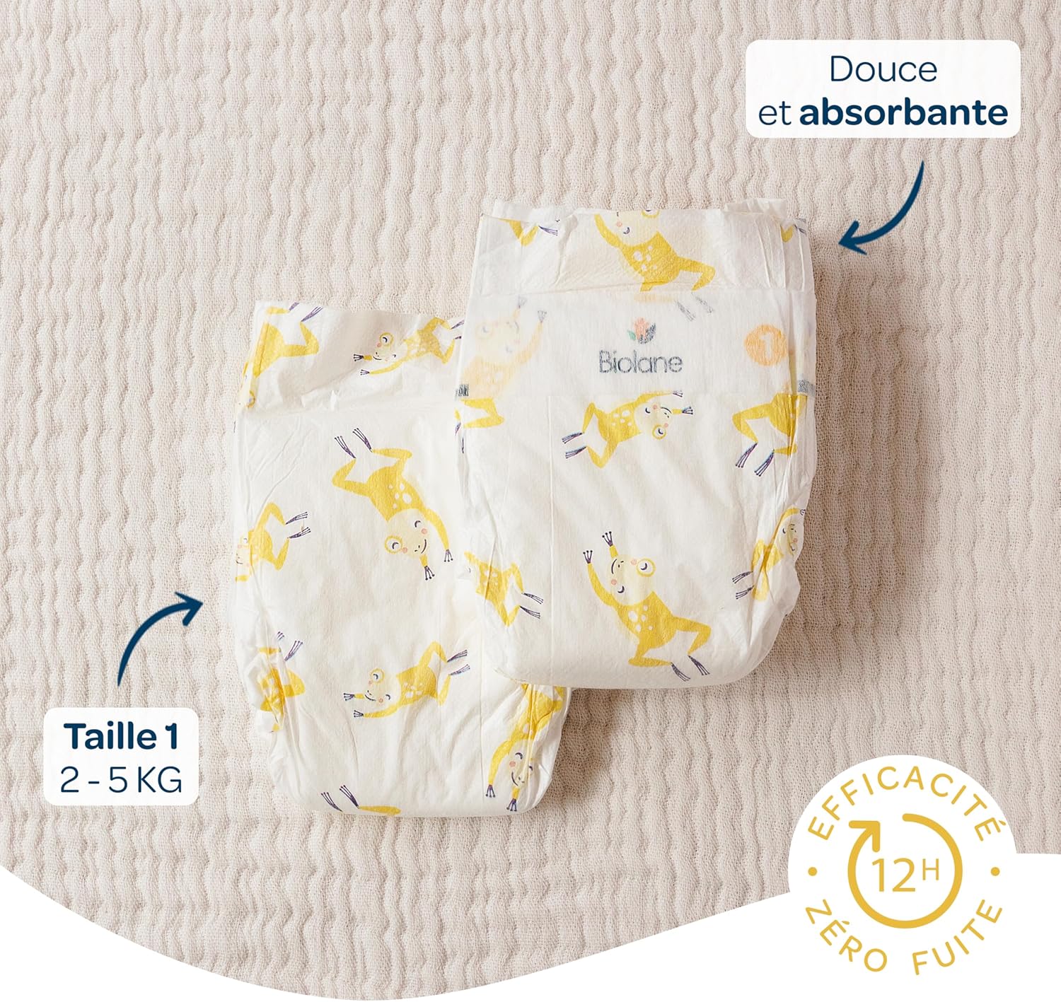 Biolane - couches bébé taille 1 (2-5 kg) - ultra-absorbantes, confort, jusqu'à 12h au sec, pack 162