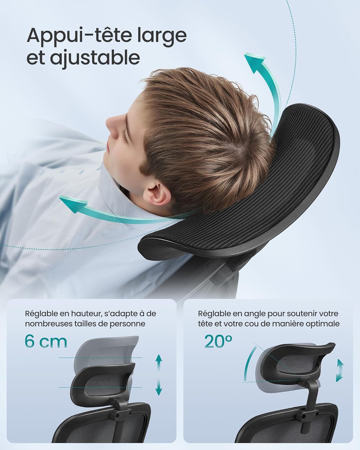 SONGMICS - chaise de bureau ergonomique, maille, appui-tête, OBN041B01