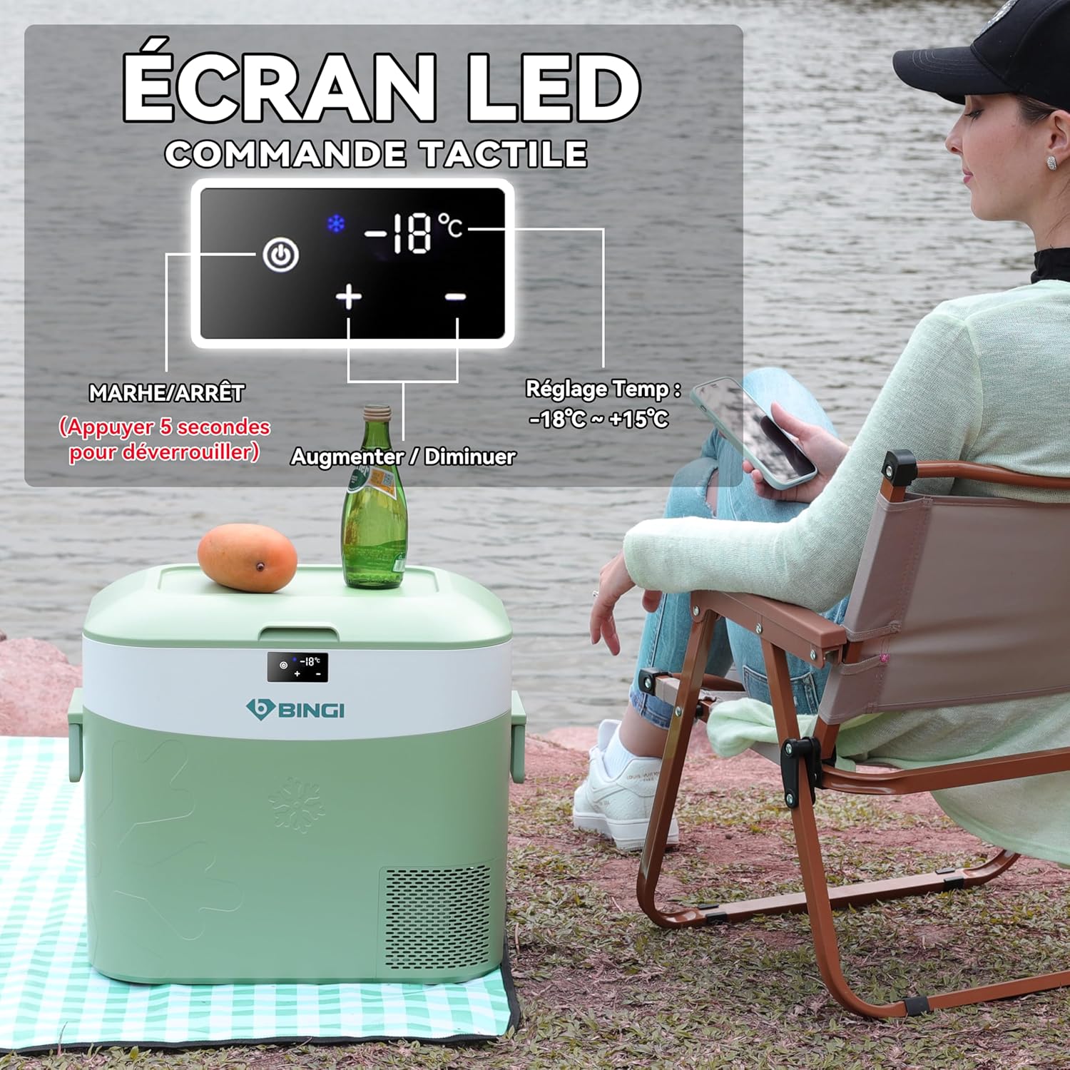 BINGI - glacière électrique 22L - compression, -18°C, 12V/24V/220V