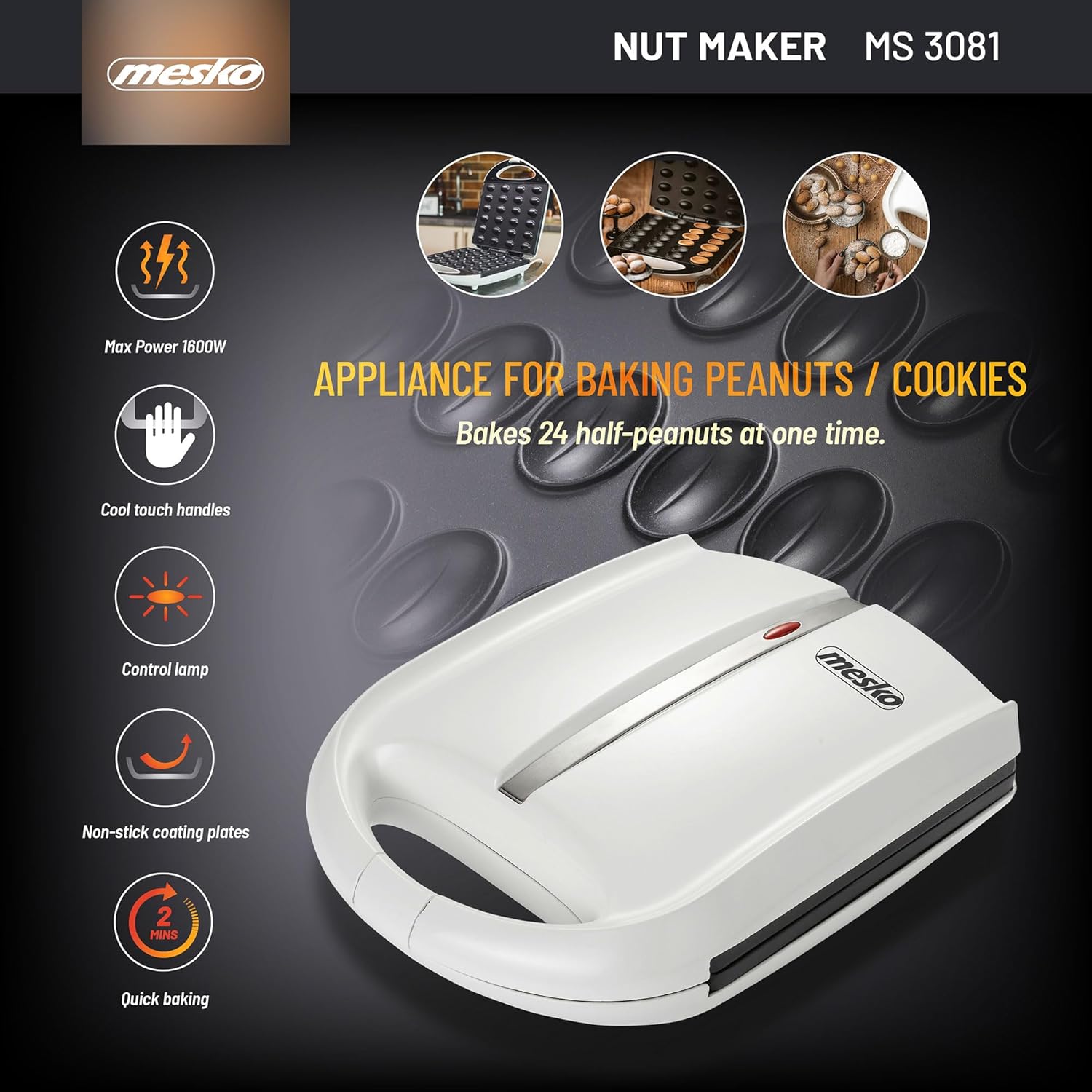 Mesko - gaufrier XL - 24 moitiés, 1600W, antiadhésif, blanc - MS3081