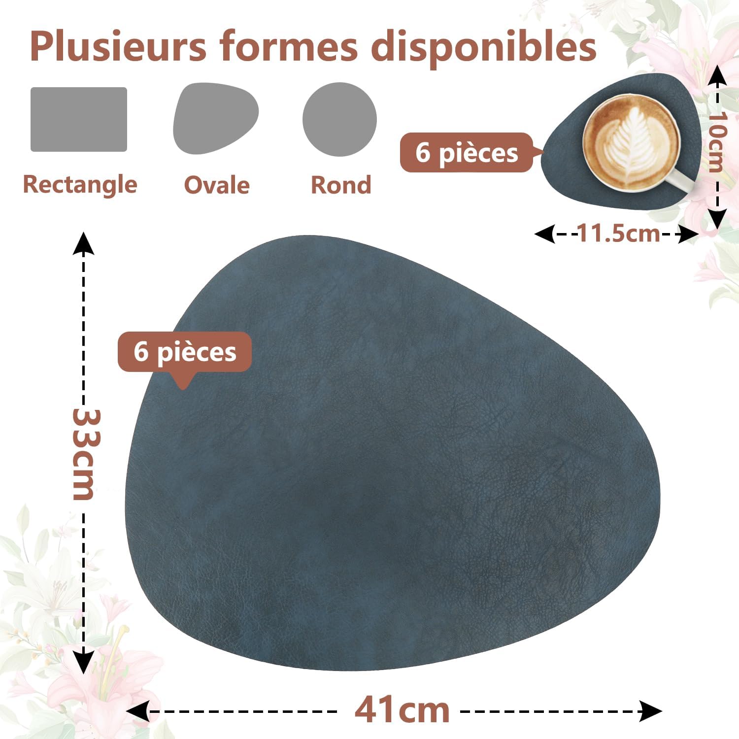 Set de table - lot de 6 ovale 41x33cm - lavable, antidérapant, PU double face