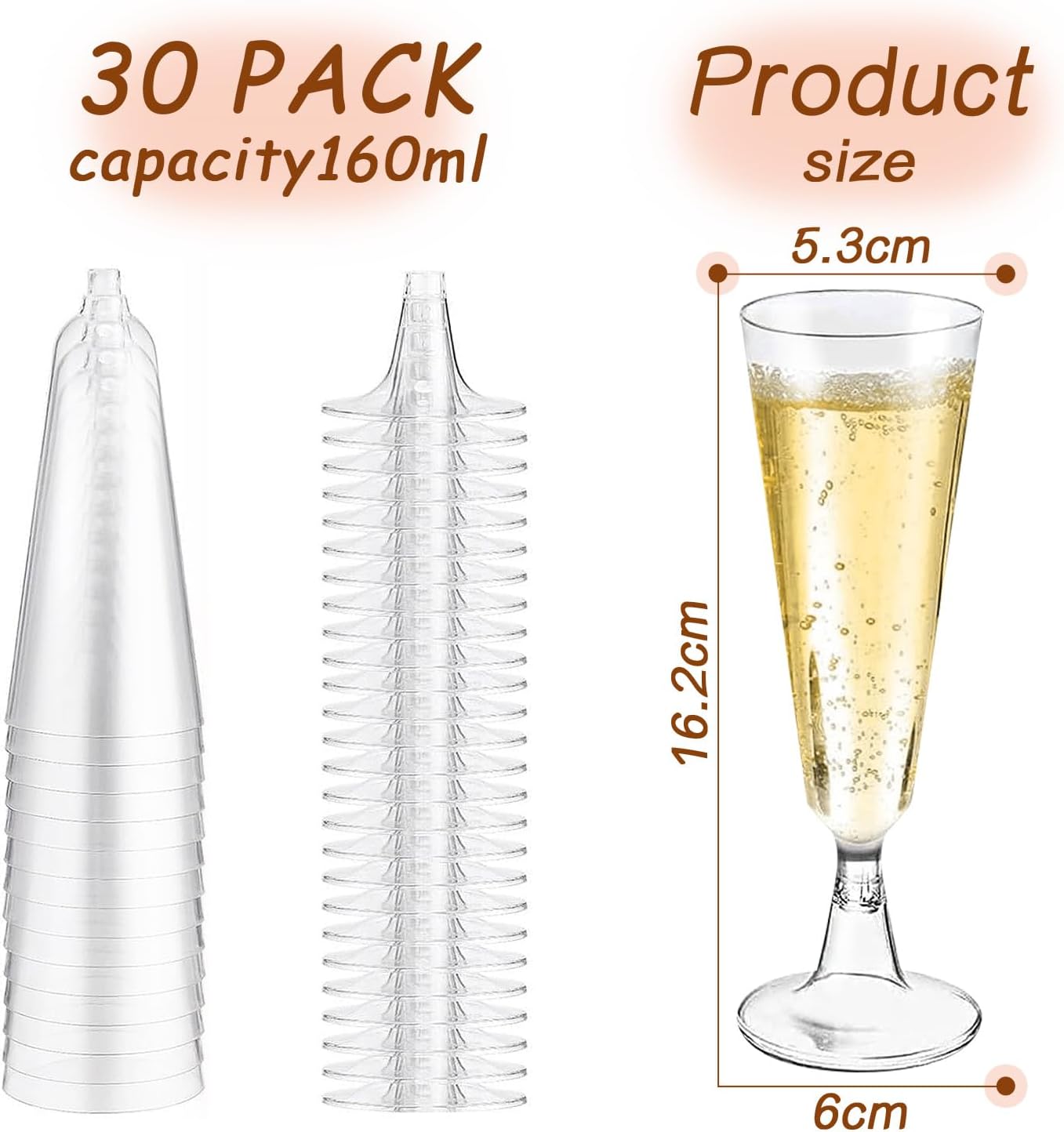 Flûtes à Champagne - 30 pièces - 160ml - Plastique réutilisable, transparent, élégant, pour fête