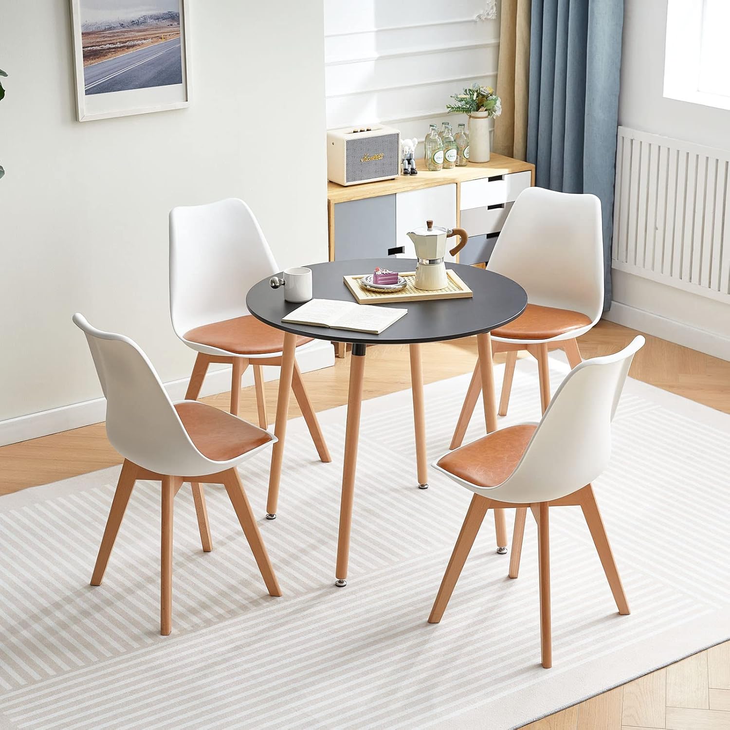 EGGREE - chaises scandinaves - bois hêtre, cuir PU, rembourrées, blanc/marron