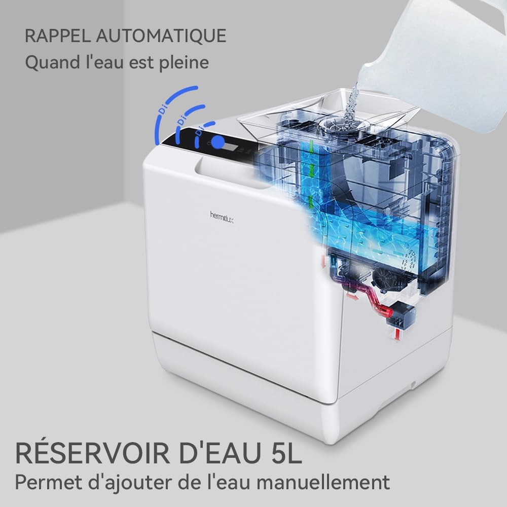 Hermitlux - Mini lave-vaisselle compact 43cm, 4 couverts, robinet ou autonomie, 175kWh/an, blanc