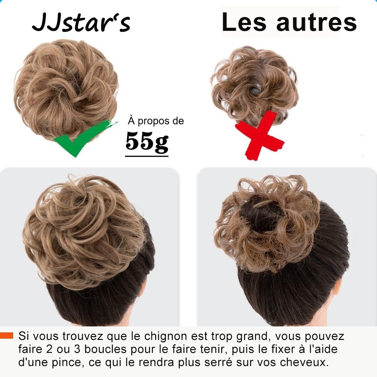 JJstar – Chignon postiche bouclé, élastique, cheveux naturels, auburn clair