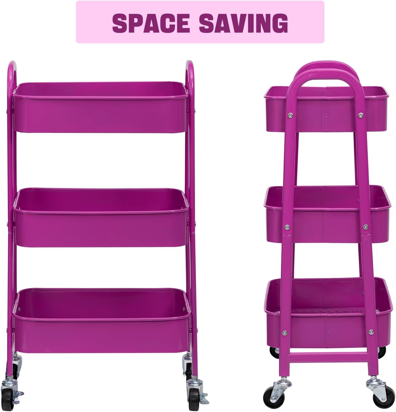 DOEWORKS - chariot rangement 3 niveaux métal roulettes 40x30x86cm, bleu/violet