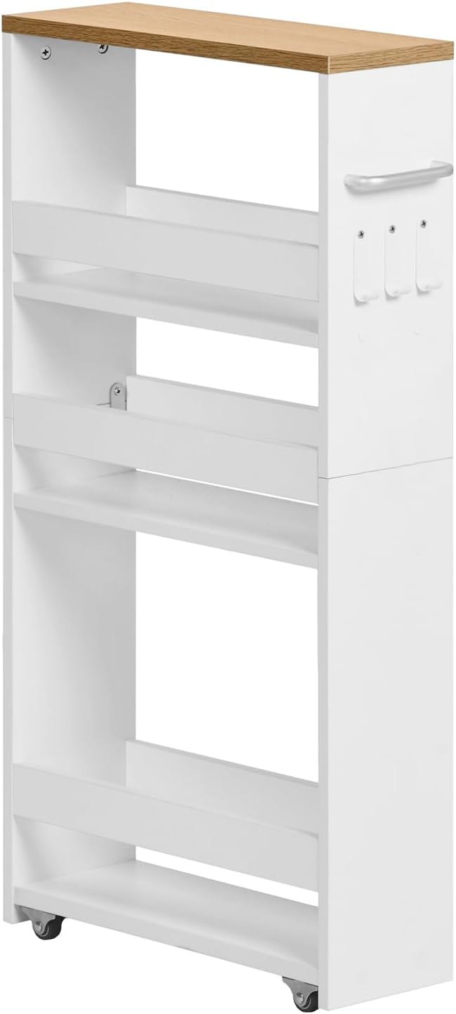 Desserte à roulettes - chariot 4 niveaux, 40x15x80 cm, bois clair et blanc