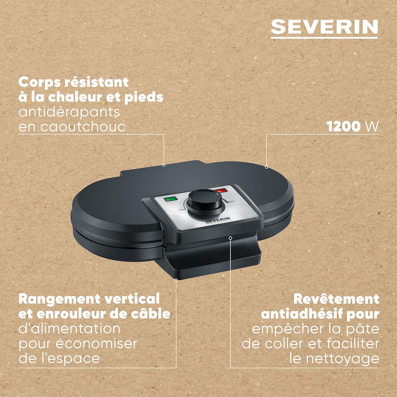 SEVERIN - Duo Compact 1200W, 2 gaufres, antiadhésif, noir WA2106