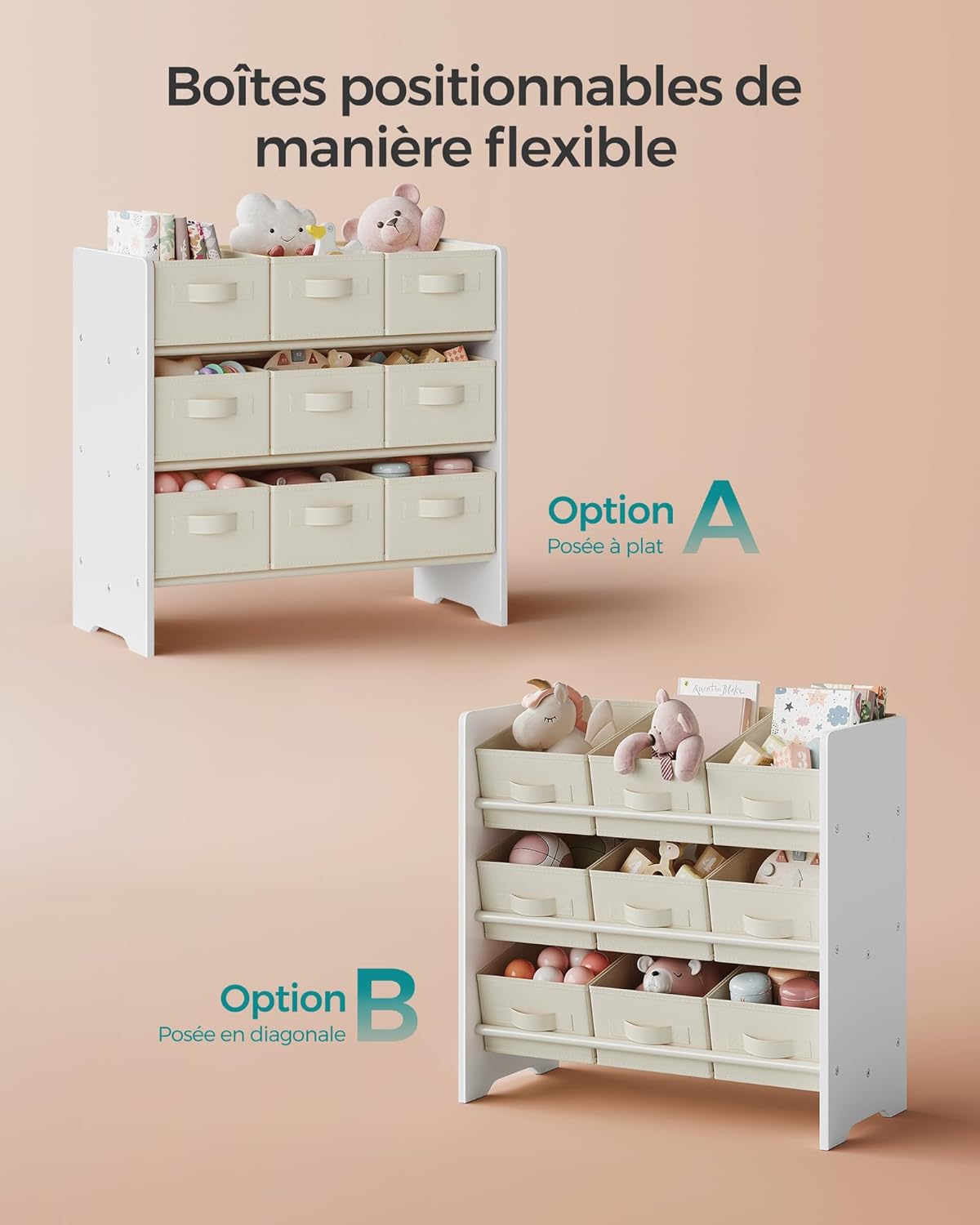 SONGMICS - étagère à jouets enfants - 29,5x62,5x60 cm - 9 boîtes tissu, rangement spacieux, blanc nuage GKR033W10