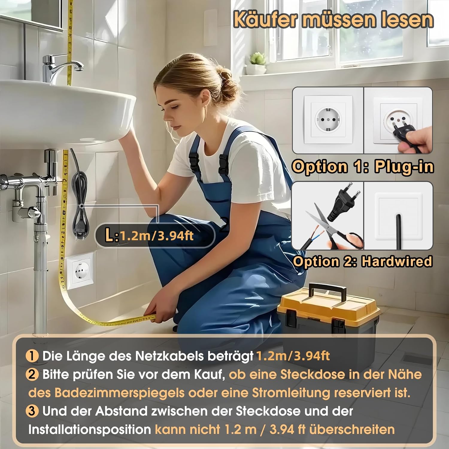 Miroir mural de salle de bain - éclairage LED, tactile, 70x50 cm, 3 couleurs