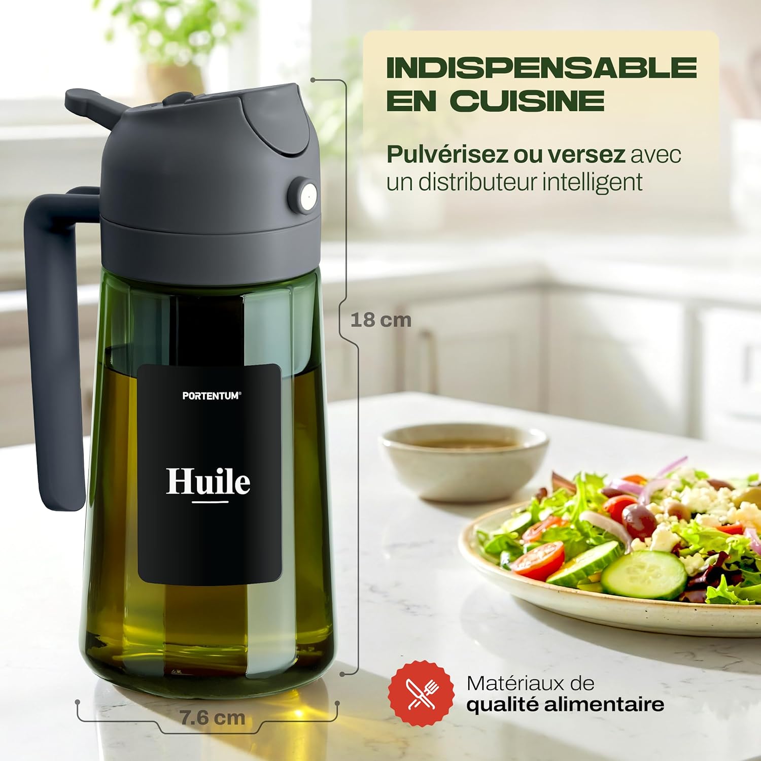 PORTENTUM - spray huile cuisine 2 en 1 - 470ml - verre vert, protection lumière