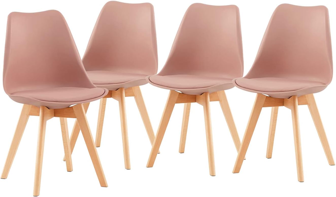EGGREE - Lot de 4 chaises scandinaves, bois hêtre, rose fumé, assise rembourrée