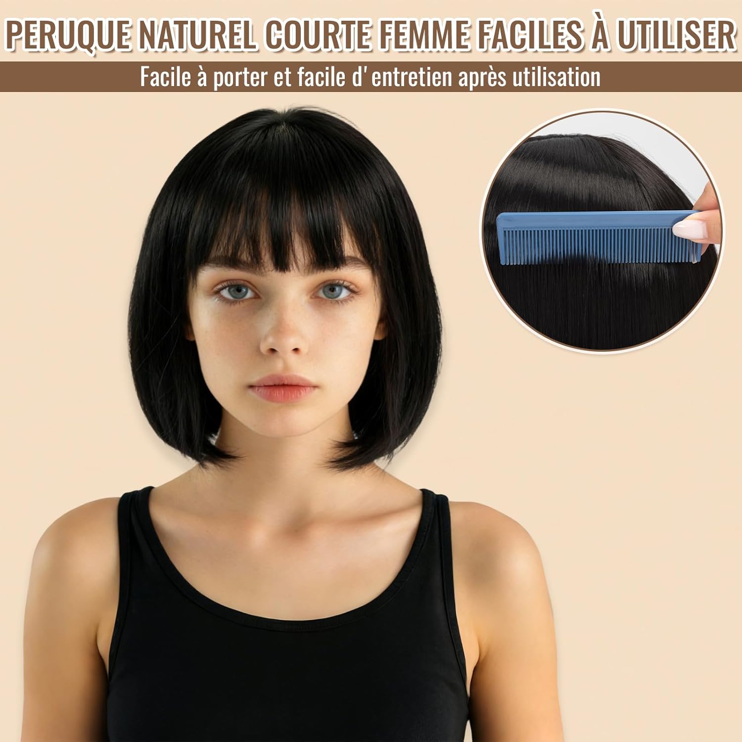 Perruque carré noir femme - 12 pouces - cheveux humains naturels