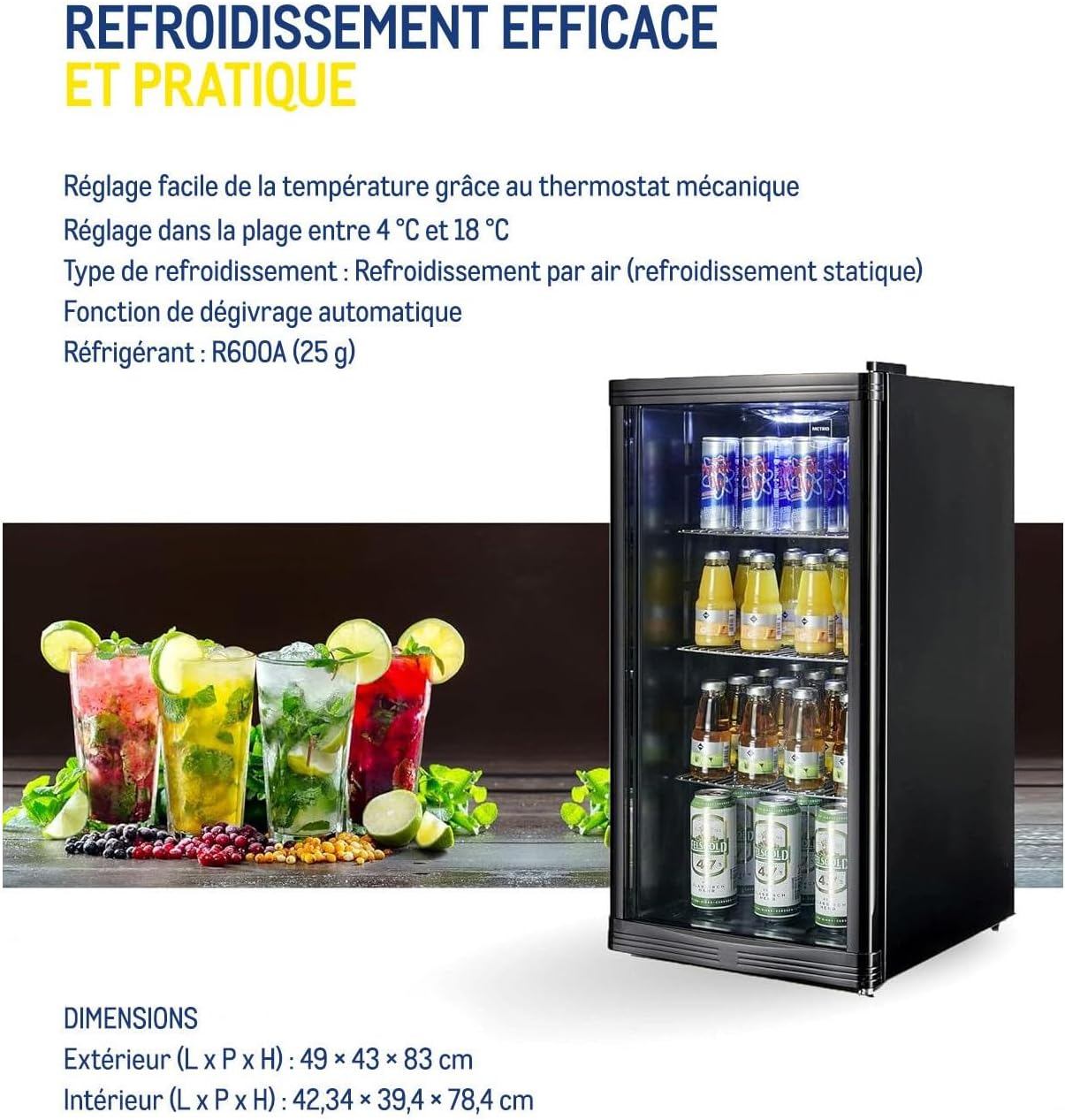 METRO - Réfrigérateur boissons - 43x49x83 cm, 88L, statique, noir, GPC1088