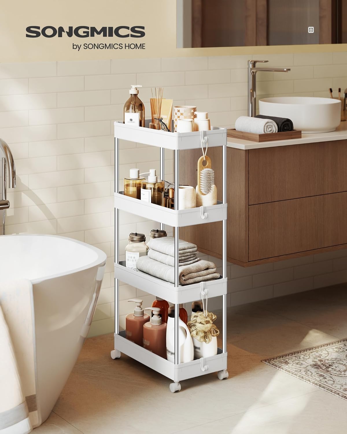 SONGMICS - chariot cuisine 4 niveaux, acier, 23,6x42x86cm, 6 crochets, KSC10WT