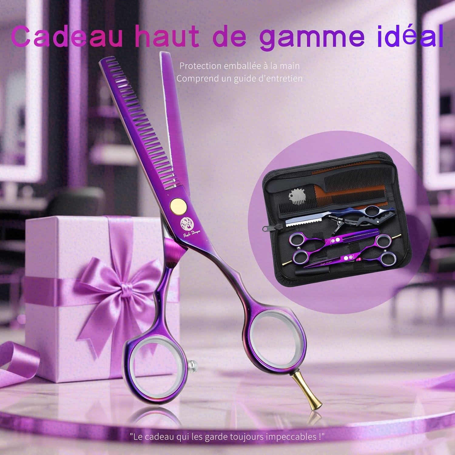 Kit de ciseaux de coiffure - 5,5 pouces - inox violet, peigne, rasoir