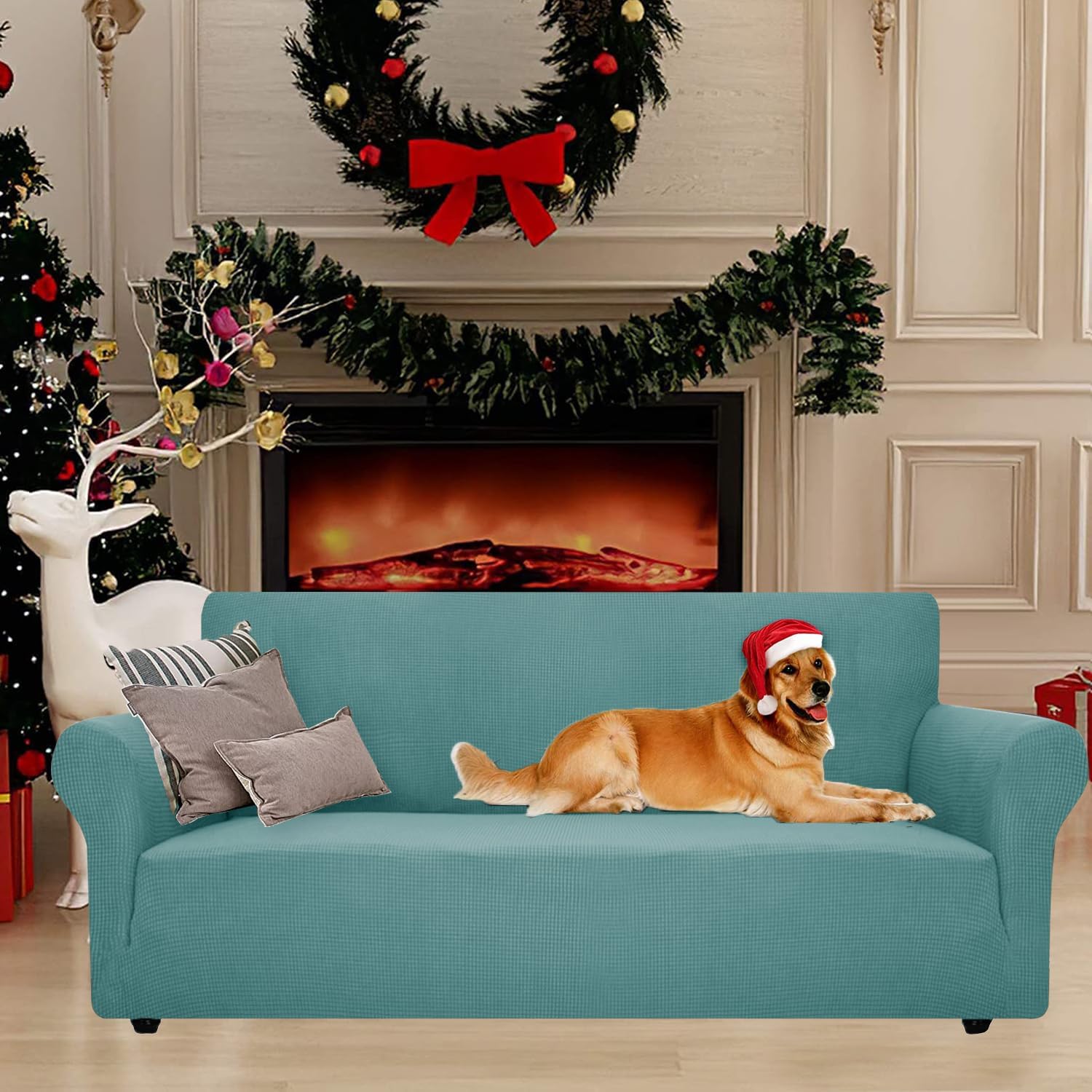 Housse canapé 1 place avec accoudoirs, extensible, bleu clair, antidérapante