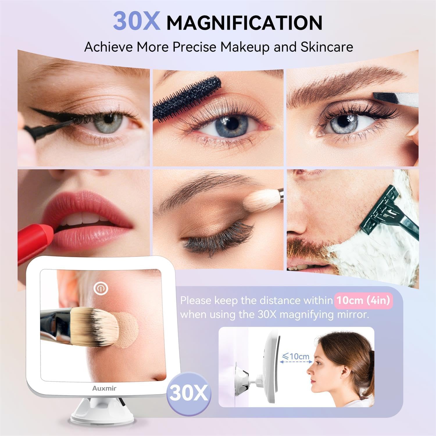 Auxmir - Miroir 30X rechargeable, LED, tactile, ventouse 360°