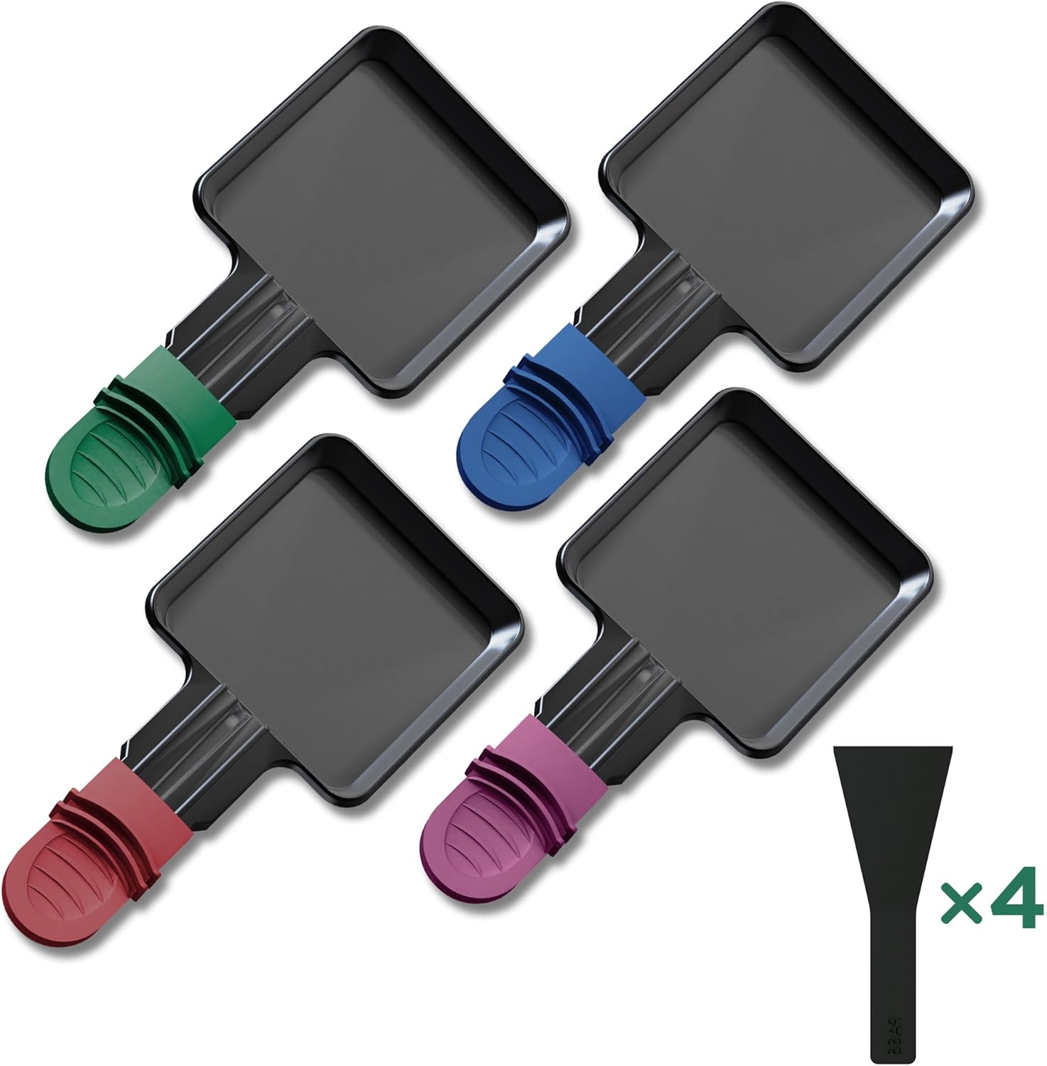 Poêlons à raclette carrés - mini format - revêtement antiadhésif, poignées colorées, 4 spatules, compatible lave-vaissel