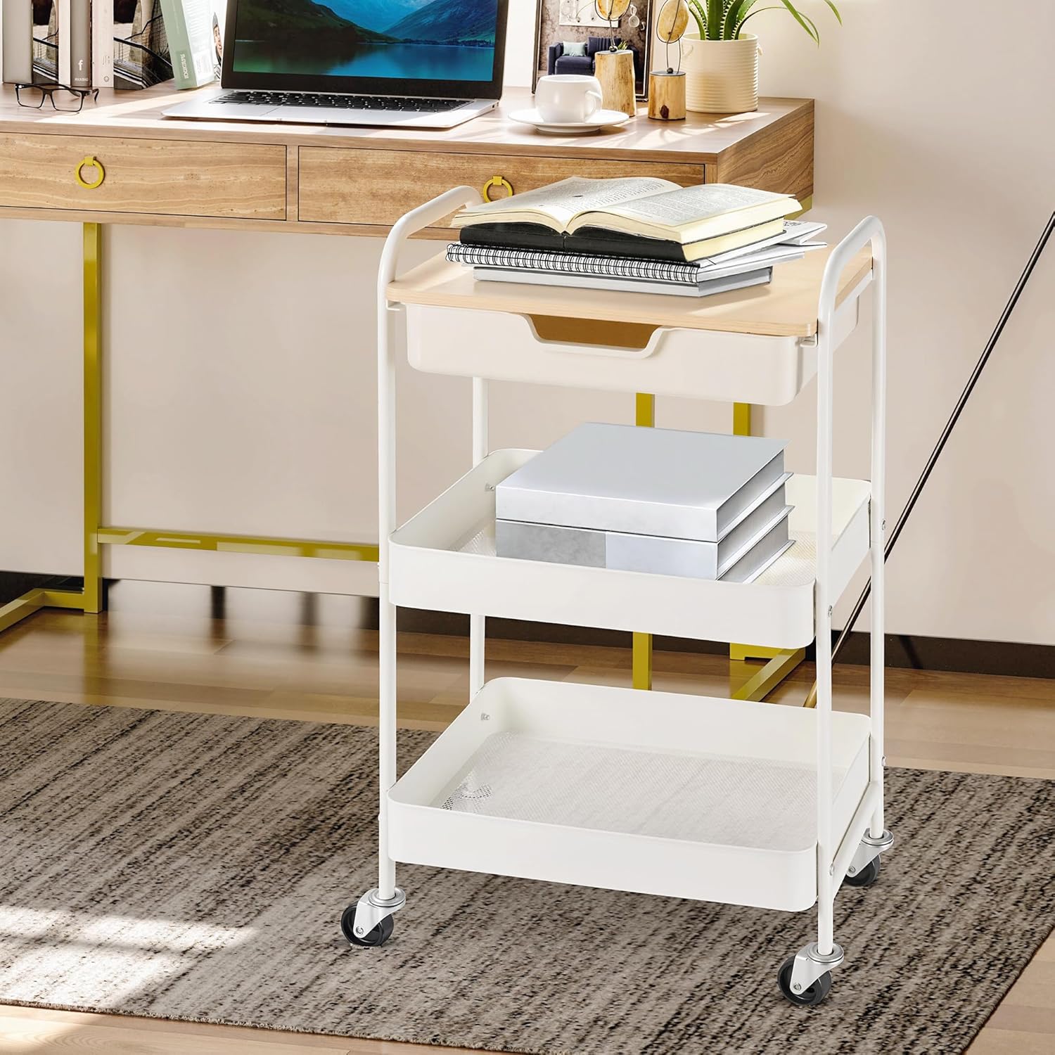 HOMCOM - chariot cuisine 2 étagères, tiroir, bois/acier, 60x40x80 cm