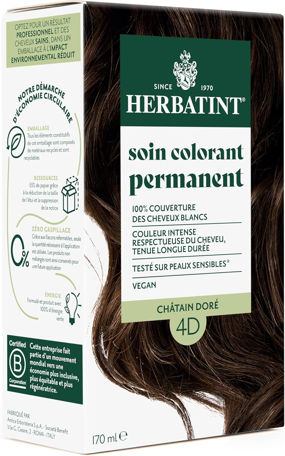 Herbatint - Coloration 4D châtain doré - 170ml - sans ammoniaque, 100% couvrance, extraits bio