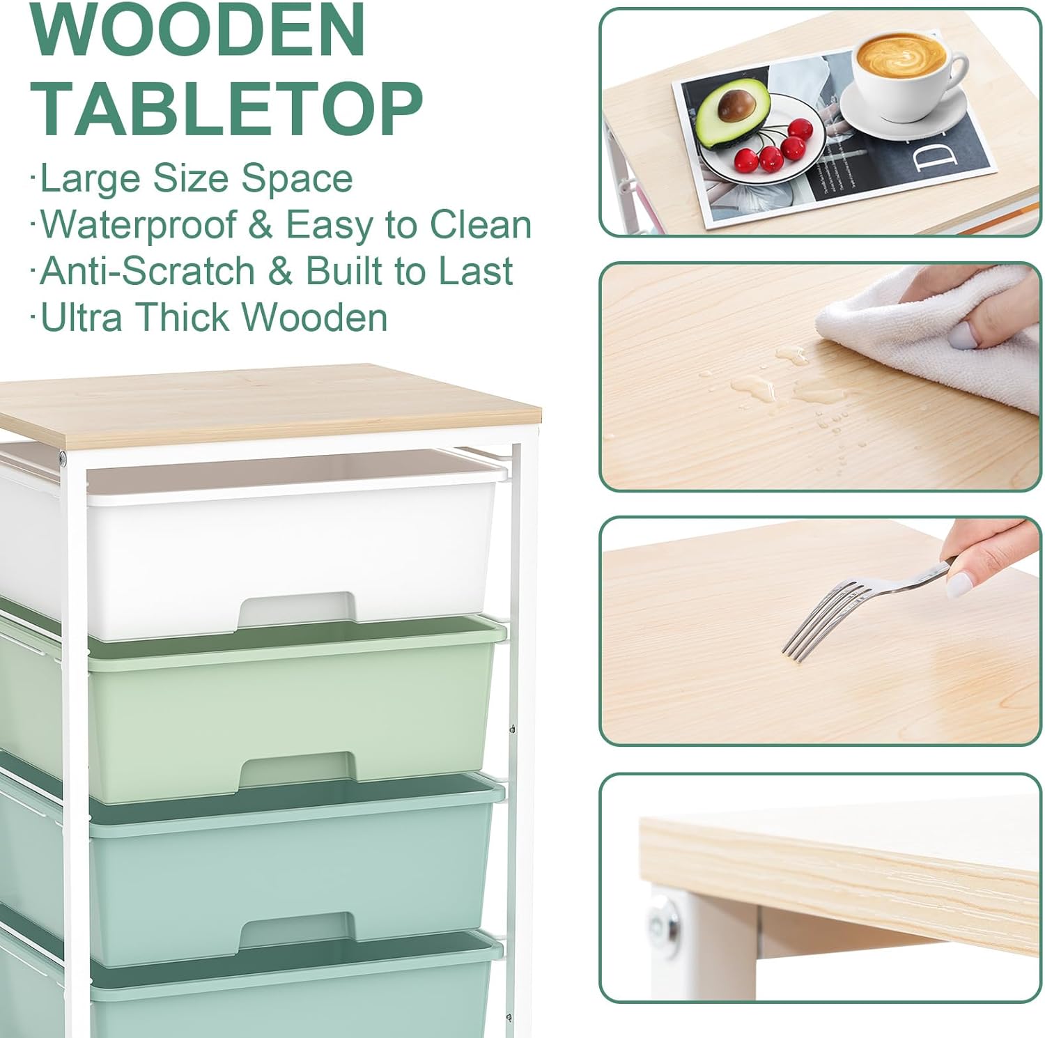 Chariot de Rangement - 4 tiroirs sur roulettes, plateau bois, grande capacité, vert - Idéal cuisine, salon, chambre