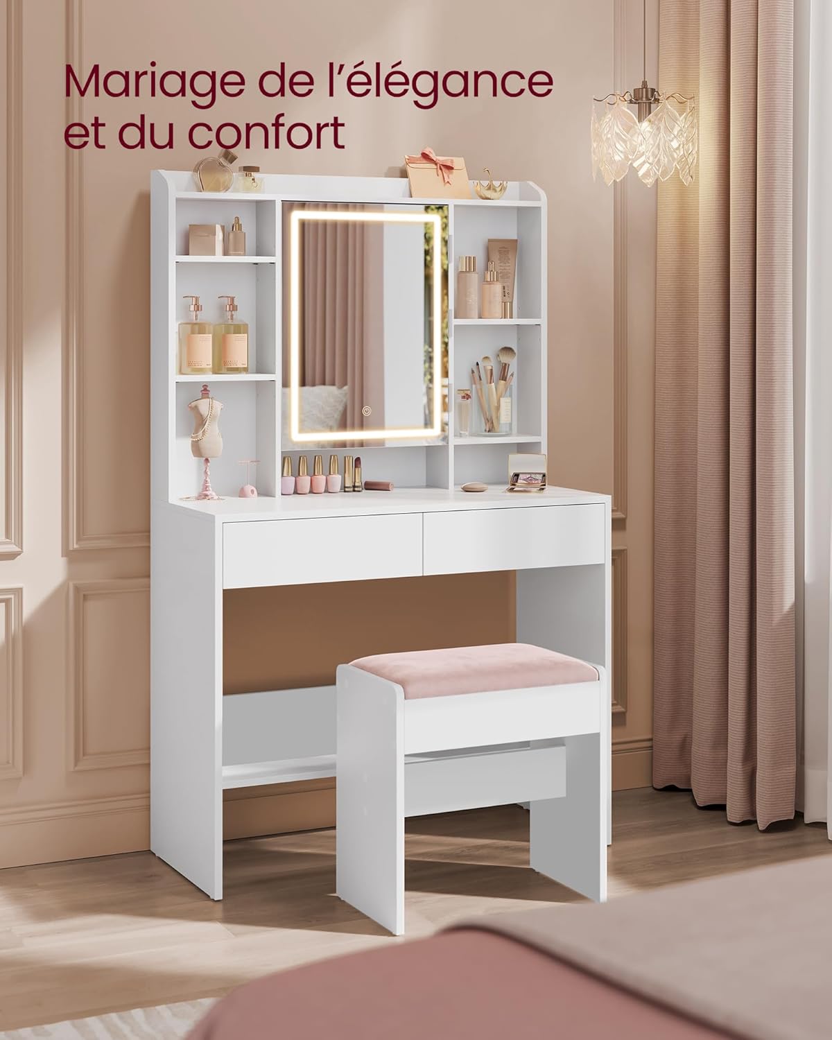 VASAGLE - Kailyn Collection - assise velours, pieds antidérapants, blanc/rose, RDS001W01