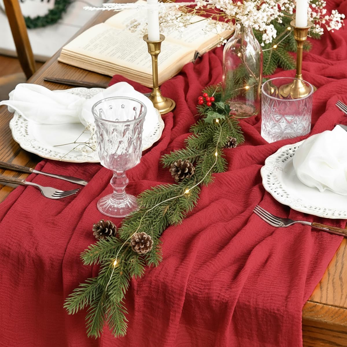 Artoid Mode - Chemin de table bohème, rouge, 400 cm, gaze de coton