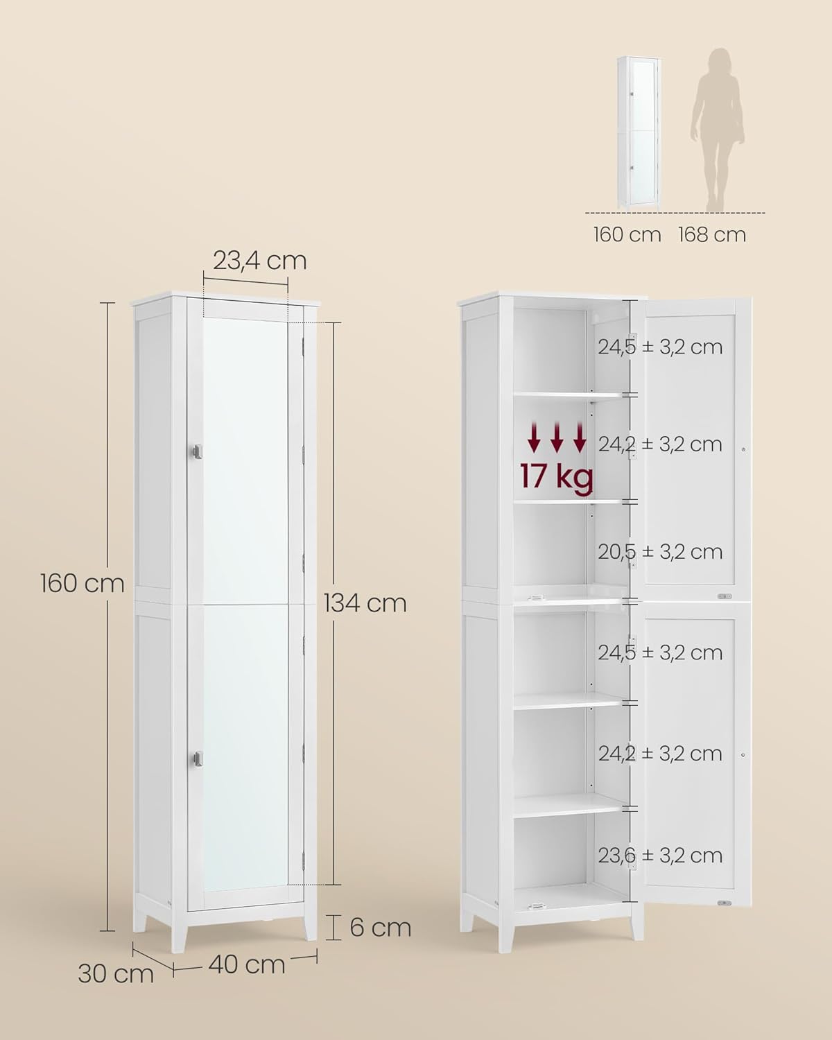 VASAGLE - Armoire salle de bain, miroir, étagères, 30x40x160cm BBC764WH01