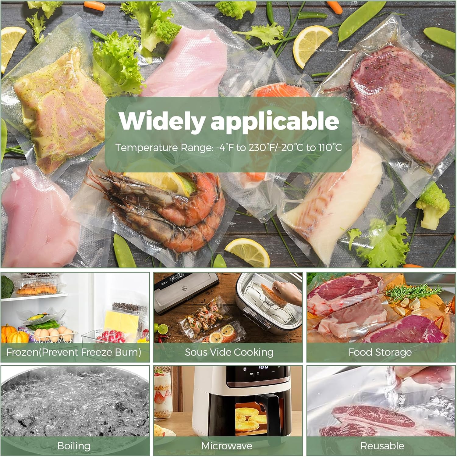 Sac sous vide alimentaire - 15x25/20x30/28x40cm - sans BPA, compatible toutes machines