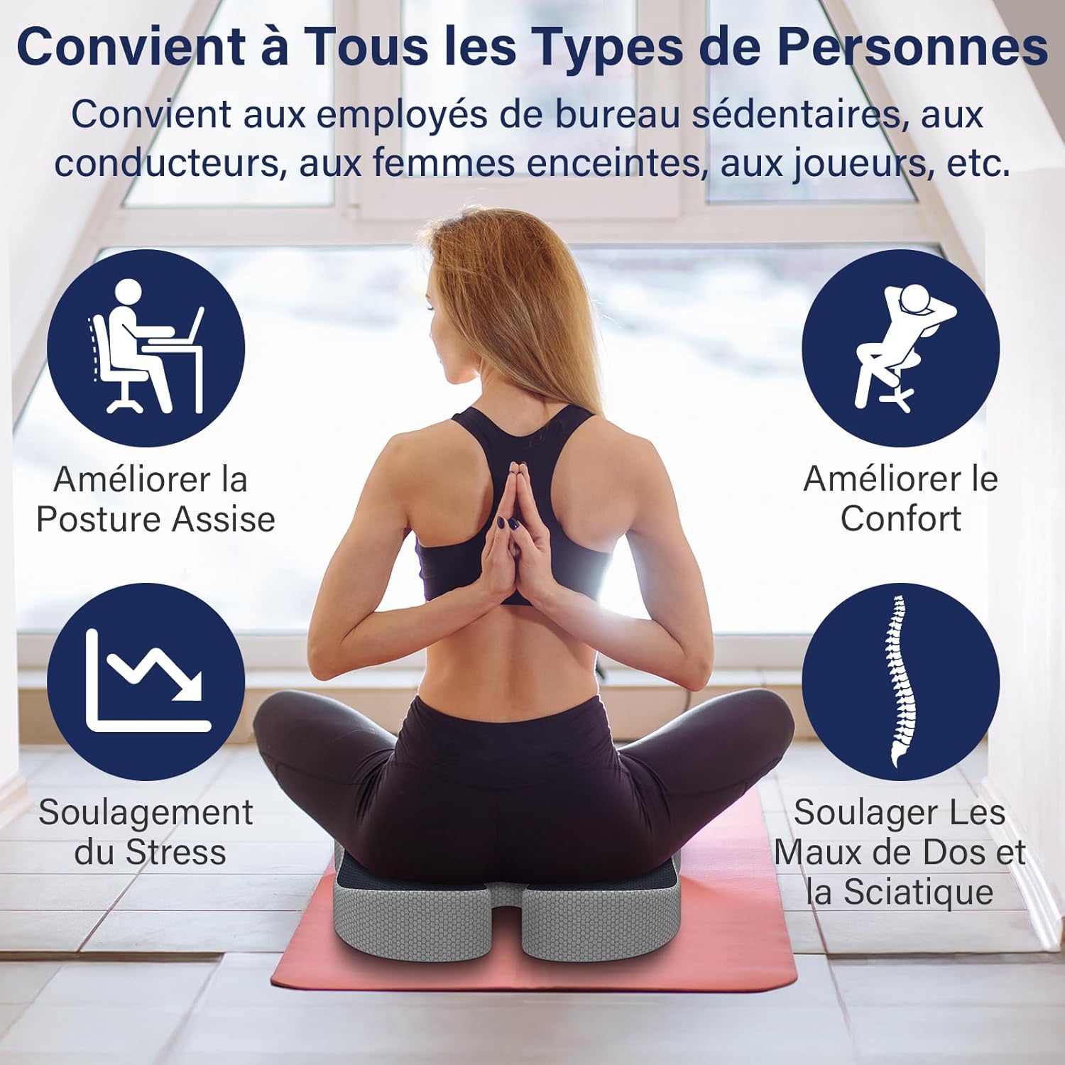 Coussin coccyx - ergonomique, soulage douleur hanches & sciatique, assise chaise bureau, gris foncé