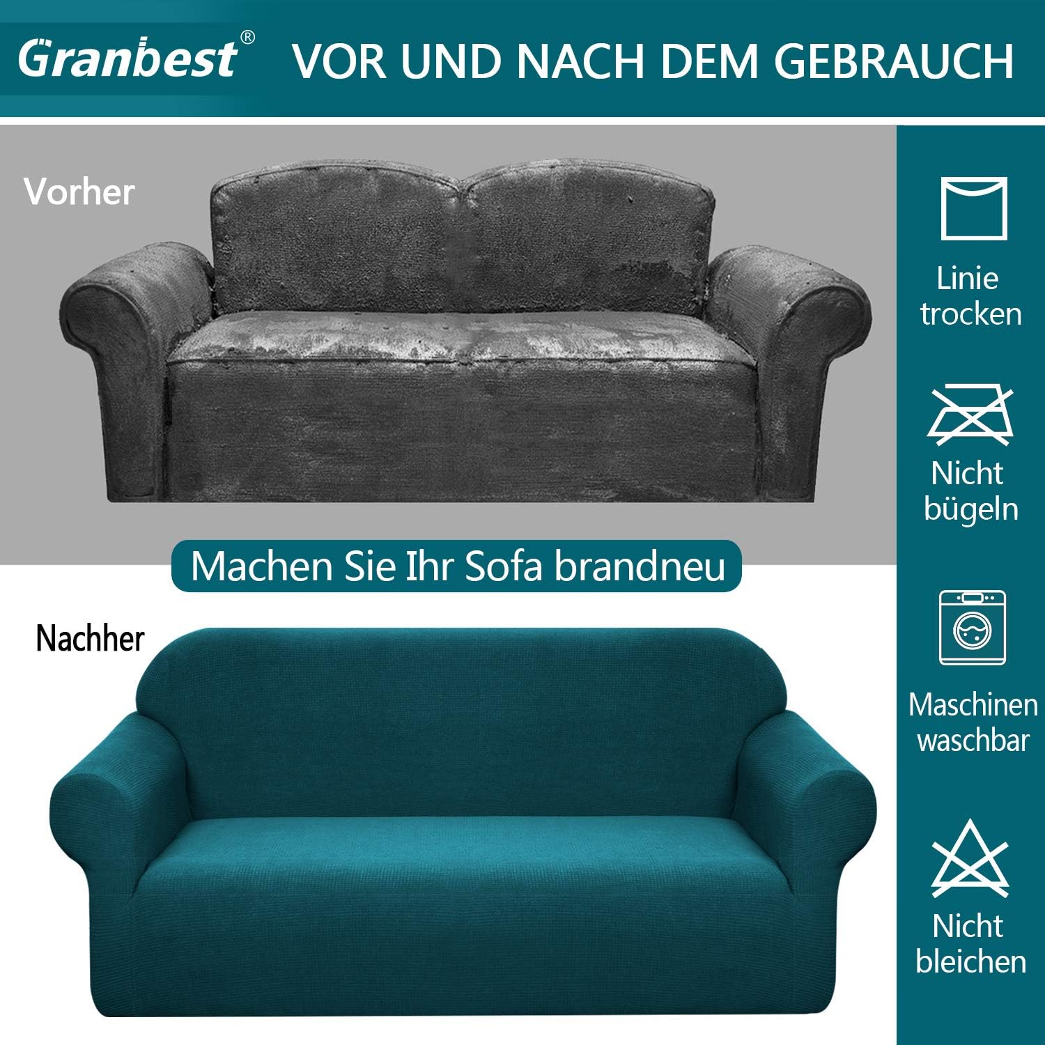 Granbest - Housse canapé imperméable, 4 places, bleu-vert, élastique durable